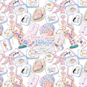 Puede incluir: Un patr&oacute;n repetitivo de ilustraciones en acuarela con elementos costeros como langostas, conchas, estrellas de mar y peces en fichas de mahjong. En el centro aparece el texto Preppy Coastal Mahjong designed by The Happy Gift Art.