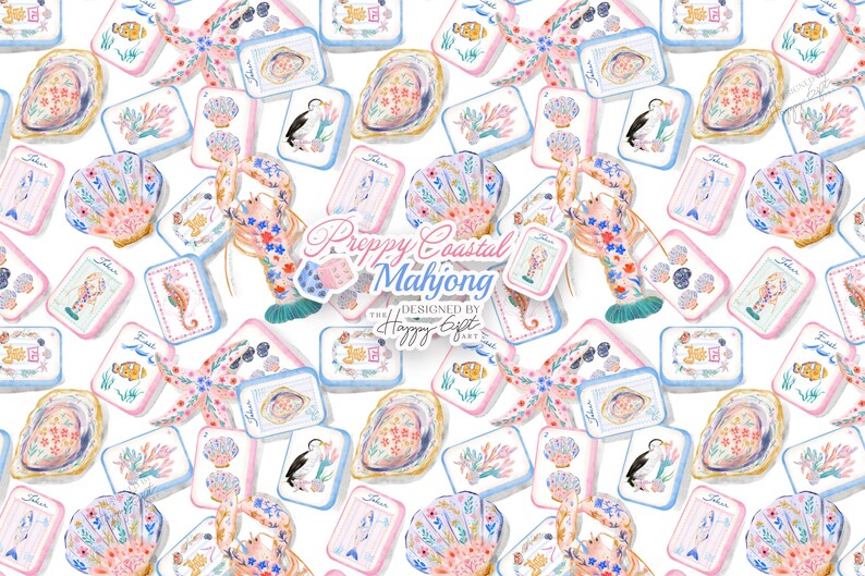 Puede incluir: Un patr&oacute;n repetitivo de ilustraciones en acuarela con elementos costeros como langostas, conchas, estrellas de mar y peces en fichas de mahjong. En el centro aparece el texto Preppy Coastal Mahjong designed by The Happy Gift Art.