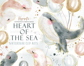 Watercolor whale cliparts,sealife clipart,fish clipart,dolphin clipart,whale with balloons,narwhal clipart,nursery art,kids art print U0059