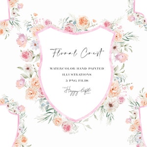 Floral crest watercolor clipart - Baby shower crest clipart - Pink crest - Nursery - Birthday - Girl clipart - Wedding U00191