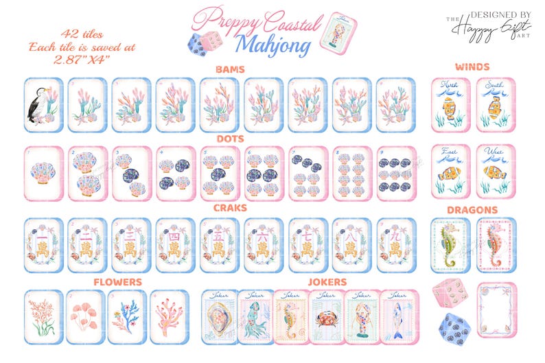 Puede incluir: Un juego de 42 fichas de mahjong Preppy Coastal, cada una de 7,29 cm por 10,16 cm. Las fichas presentan ilustraciones en acuarela de vida marina, incluyendo corales, conchas, caballitos de mar y peces, organizadas en categor&iacute;as de Bams, Dots, Craks, Winds, Dragons, Flowers y Jokers.