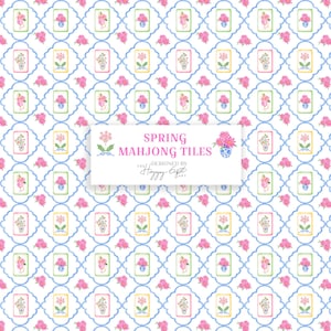 K&ouml;nnte beinhalten: Ein sich wiederholendes Muster aus floralen Designs im Aquarellstil und gerahmten Bildern von Blumen in Vasen. Das Design umfasst rosa Blumen, blaue und gr&uuml;ne Akzente und den Text "SPRING MAHJONG TILES".
