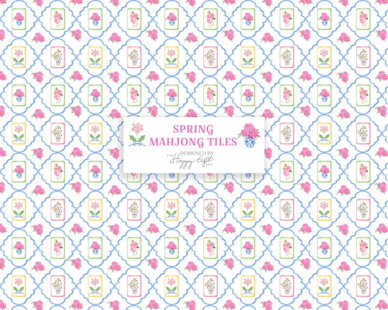 K&ouml;nnte beinhalten: Ein sich wiederholendes Muster aus floralen Designs im Aquarellstil und gerahmten Bildern von Blumen in Vasen. Das Design umfasst rosa Blumen, blaue und gr&uuml;ne Akzente und den Text "SPRING MAHJONG TILES".