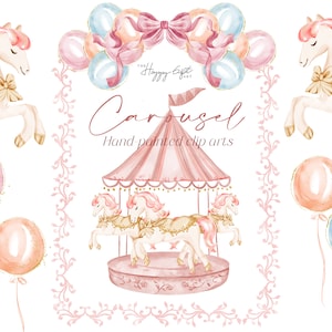 Giostra rosa con clipart acquerello cavallo Clipart palloncini Compleanno bordo rosa Clipart acquerello fai da te U00216