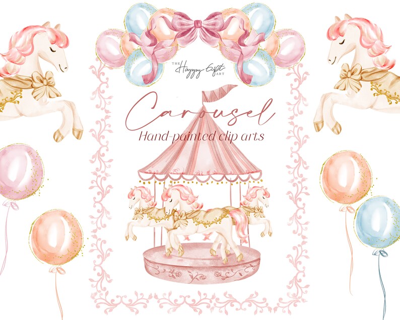 Pink Carousel With Horse Watercolor Cliparts Balloons Clipart Birthday ...