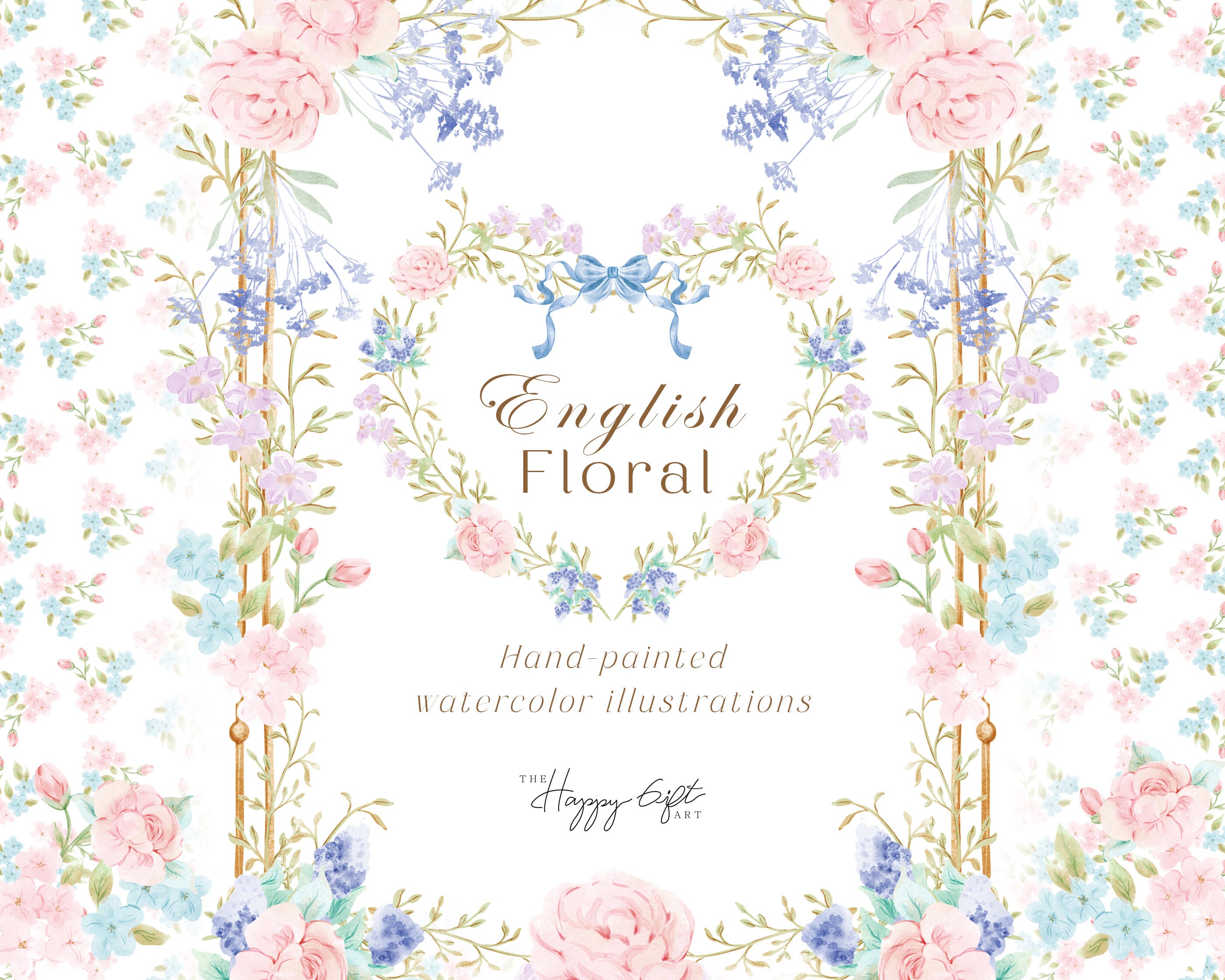 Grandmillennial English floral crest Wedding illustrations DIY watercolor clipart Baby shower crest Digital papers U00218