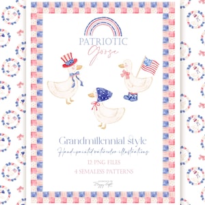 Clipart de acuarela de ganso patriótico del 4 de julio - Patriótico grandmillennial - Ganso de acuarela PNG - Papel digital del Día de la Independencia U00264