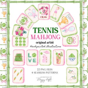 May include: Watercolor illustrations of Tennis Mahjong tiles and patterns. The design features tennis balls, rackets, flowers, and a tennis player. The text reads "Tennis Mahjong" and "original artist". Includes 22 PNG files and 4 seamless patterns.