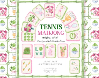Tennis Mahjong Fliesen - Mahjong Clipart - Tennis Clipart - Mahjong Party - Chinoiserie Clipart - Tennis Muster