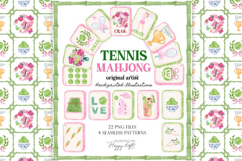 May include: Watercolor illustrations of Tennis Mahjong tiles and patterns. The design features tennis balls, rackets, flowers, and a tennis player. The text reads "Tennis Mahjong" and "original artist". Includes 22 PNG files and 4 seamless patterns.