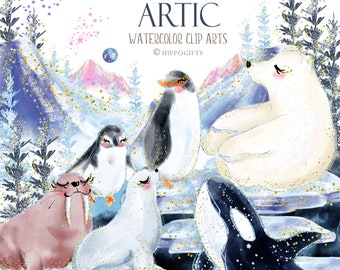 Artic animals watercolor clip arts,polar bear clipart,walrus,penguin,whale,seal,pine tree clip arts U0065