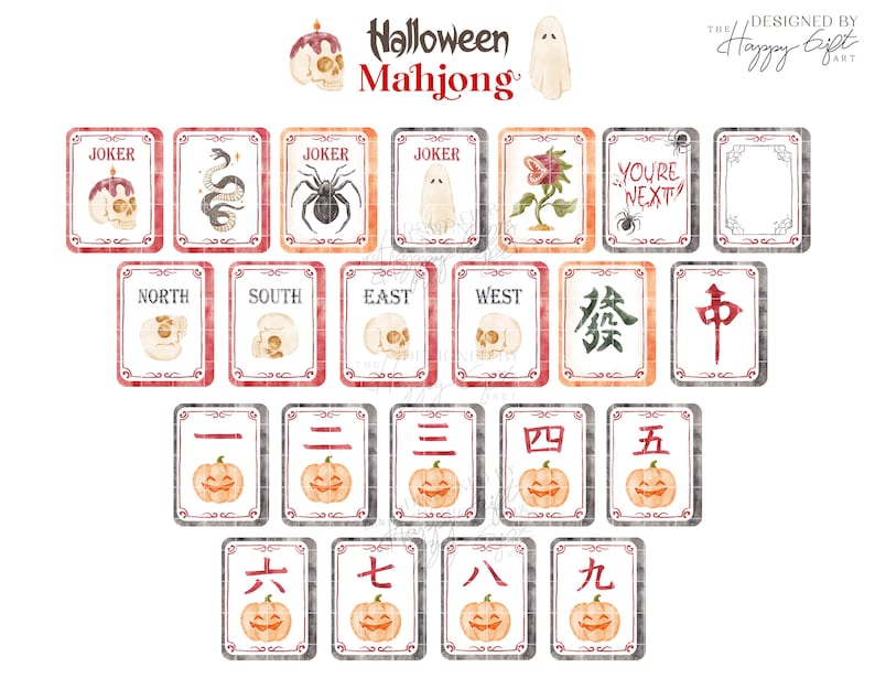 May include: A Halloween-themed Mahjong set featuring watercolor illustrations. The tiles display spooky images like skulls, ghosts, spiders, and pumpkins. Text includes "JOKER", "YOU'RE NEXT", and Chinese characters. The set is designed by The Happy Gift Art.