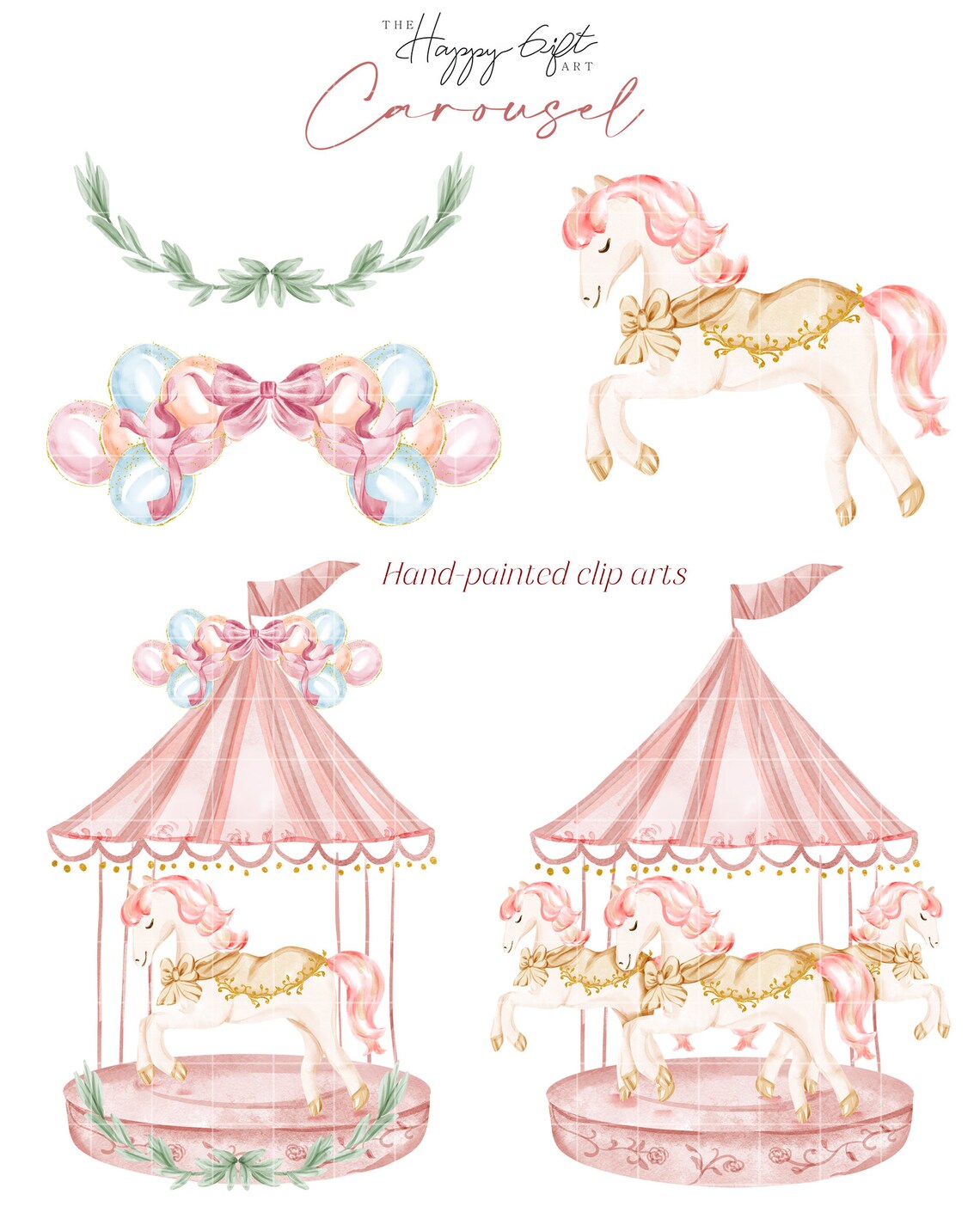 Pink Carousel With Horse Watercolor Cliparts Balloons Clipart Birthday ...