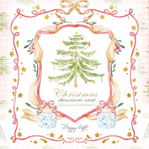 Grandmillennial Natale chinoiserie stemma fai da te acquerello clipart cornice di Natale clipart Carte digitali U00224