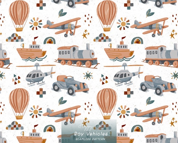 Boy vehicles seamless pattern - surface pattern design - train- car- balloon - seamless pattern - boy pattern - fabric design white version
