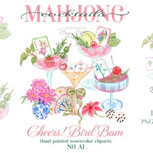 Watercolor Mahjong clipart - Mahjong cocktails clipart - Mahjong cocktail napkin design PNG digital download - Mahjong tiles Cheers bird bam
