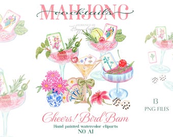 Watercolor Mahjong clipart - Mahjong cocktails clipart - Mahjong cocktail napkin design PNG digital download - Mahjong tiles Cheers bird bam