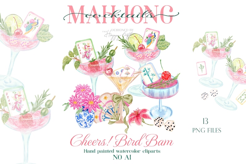 Watercolor Mahjong clipart - Mahjong cocktails clipart - Mahjong cocktail napkin design PNG digital download - Mahjong tiles Cheers bird bam image 1
