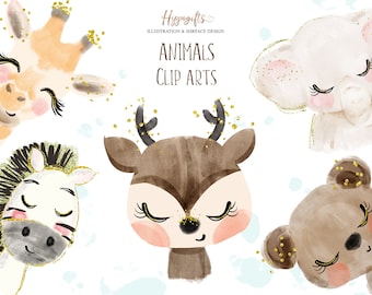 Animals cliparts,Elephant clipart,Giraffe clipart,Bear clipart,Zebra clipart,Deer clipart,Animal watercolor cliparts M001