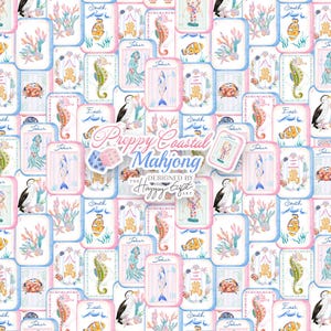 Puede incluir: Un patr&oacute;n repetitivo de fichas de Mahjong rectangulares con ilustraciones en acuarela de criaturas marinas, corales y conchas. El centro muestra el texto Preppy Coastal Mahjong designed by The Happy Gift Art con dos dados azules.