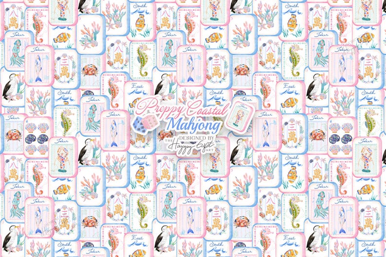 Puede incluir: Un patr&oacute;n repetitivo de fichas de Mahjong rectangulares con ilustraciones en acuarela de criaturas marinas, corales y conchas. El centro muestra el texto Preppy Coastal Mahjong designed by The Happy Gift Art con dos dados azules.