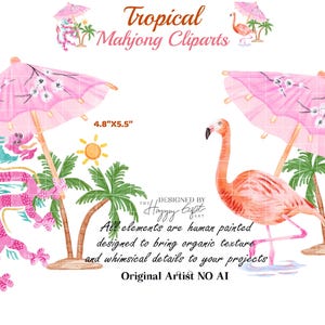 May include: Watercolor tropical clipart set featuring a pink flamingo, dragon, and parasols. The set includes palm trees and a sun, with dimensions of 4.8" x 5.5" and 5.2" x 5.5". The text reads "Tropical Mahjong Cliparts".