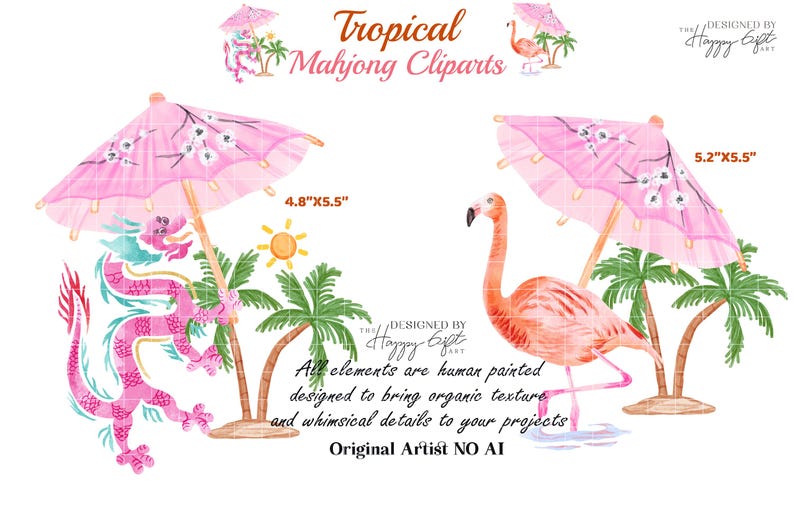 May include: Watercolor tropical clipart set featuring a pink flamingo, dragon, and parasols. The set includes palm trees and a sun, with dimensions of 4.8" x 5.5" and 5.2" x 5.5". The text reads "Tropical Mahjong Cliparts".