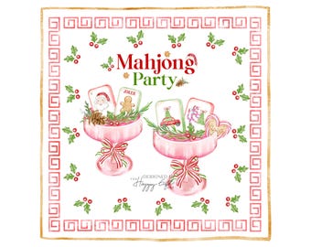 May include: Watercolor illustration of a Mahjong Party. The design features two pink bowls filled with Mahjong tiles, Christmas decorations, and the text "Mahjong Party". The border is decorated with holly and a gold geometric pattern.