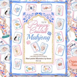 Puede incluir: Una colecci&oacute;n digital de ilustraciones de Preppy Coastal Mahjong con 54 archivos PNG y 4 patrones sin costuras. El gr&aacute;fico central muestra el texto Preppy Coastal Mahjong con motivos de acuarela pintados a mano de langostas, conchas y peces.