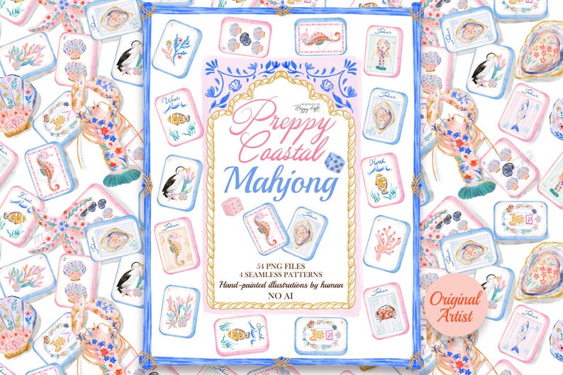 Puede incluir: Una colecci&oacute;n digital de ilustraciones de Preppy Coastal Mahjong con 54 archivos PNG y 4 patrones sin costuras. El gr&aacute;fico central muestra el texto Preppy Coastal Mahjong con motivos de acuarela pintados a mano de langostas, conchas y peces.