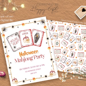 May include: A Halloween Mahjong Party invitation with watercolor illustrations. The invitation features a border of candy corn, spiders, and eyeballs. The text reads "Halloween Mahjong Party" and includes the date, time, and location. A matching pattern is also shown.
