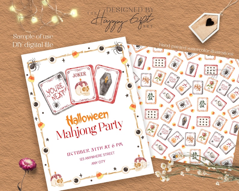 May include: A Halloween Mahjong Party invitation with watercolor illustrations. The invitation features a border of candy corn, spiders, and eyeballs. The text reads "Halloween Mahjong Party" and includes the date, time, and location. A matching pattern is also shown.