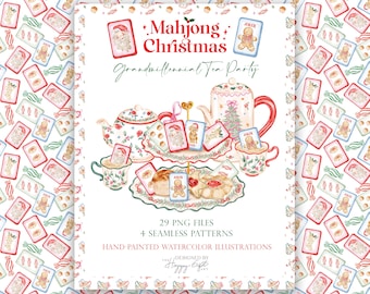 Fiesta del té navideña de Mahjong – Mahjong PNG de la abuela – Clipart de la abuela – Patrón sin costuras de Mahjong navideño (Descarga digital)