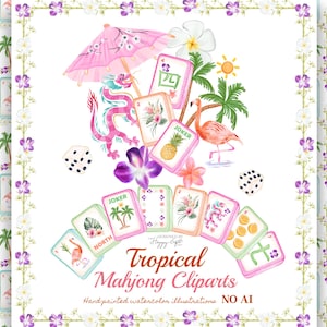 May include: Watercolor illustration of tropical-themed Mahjong cliparts. The design features a pink parasol, a pink dragon, a flamingo, dice, and Mahjong tiles with floral and tropical imagery. The text "Tropical Mahjong Cliparts" is also included.