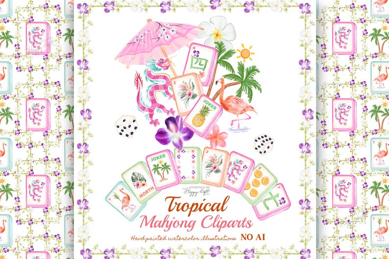 May include: Watercolor illustration of tropical-themed Mahjong cliparts. The design features a pink parasol, a pink dragon, a flamingo, dice, and Mahjong tiles with floral and tropical imagery. The text "Tropical Mahjong Cliparts" is also included.