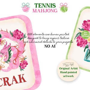 May include: Watercolor illustration of Tennis Mahjong tiles. One tile features a pink dragon with a tennis ball, the other a bouquet of flowers and tennis balls. Text includes "CRAK" and "NO AI".
