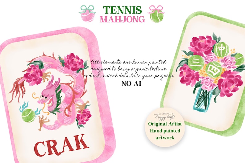 May include: Watercolor illustration of Tennis Mahjong tiles. One tile features a pink dragon with a tennis ball, the other a bouquet of flowers and tennis balls. Text includes "CRAK" and "NO AI".