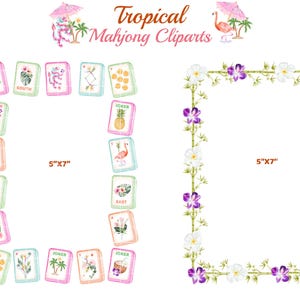 May include: Watercolor "Tropical Mahjong Cliparts" with two square frames. One frame is made of Mahjong tiles with tropical illustrations. The other frame is made of bamboo, white and purple flowers. The text "Tropical Mahjong Cliparts" is at the top.