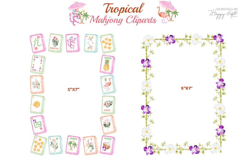 May include: Watercolor "Tropical Mahjong Cliparts" with two square frames. One frame is made of Mahjong tiles with tropical illustrations. The other frame is made of bamboo, white and purple flowers. The text "Tropical Mahjong Cliparts" is at the top.