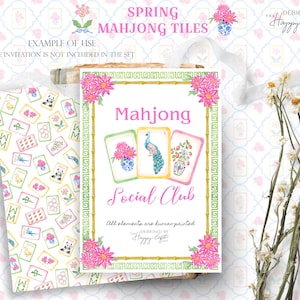 K&ouml;nnte beinhalten: Ein Set von Mahjong-Steinen zum Thema Fr&uuml;hling mit floralem Design. Die Hauptkarte zeigt die Worte "Mahjong" und "Social Club" in Rosa, mit drei illustrierten Spielsteinen. Das Set enth&auml;lt zus&auml;tzliche Spielsteine mit verschiedenen Illustrationen.