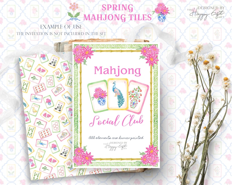 K&ouml;nnte beinhalten: Ein Set von Mahjong-Steinen zum Thema Fr&uuml;hling mit floralem Design. Die Hauptkarte zeigt die Worte "Mahjong" und "Social Club" in Rosa, mit drei illustrierten Spielsteinen. Das Set enth&auml;lt zus&auml;tzliche Spielsteine mit verschiedenen Illustrationen.