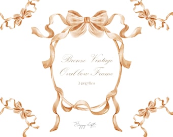 Grandmillennial Vintage bow oval frame illustrations DIY watercolor clipart  U00238