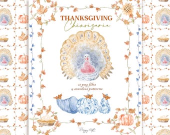 Grandmillennial Thanksgiving chinoiserie clip art DIY watercolor clipart Thanksgiving frame clipart Digital papers U00236