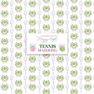 May include: A repeating pattern on a white background features tennis rackets, tennis balls with laurel wreaths, and pink bows. The image includes the text "Tennis Mahjong" and "Designed by Happy Gift Art."