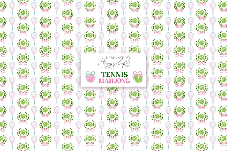 May include: A repeating pattern on a white background features tennis rackets, tennis balls with laurel wreaths, and pink bows. The image includes the text "Tennis Mahjong" and "Designed by Happy Gift Art."