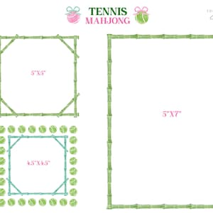 May include: Watercolor illustrations of tennis-themed Mahjong game components. The image includes three frames: a 5"x5" frame, a 4.5"x4.5" frame surrounded by tennis balls, and a 5"x7" frame. The text "TENNIS MAHJONG" is at the top.