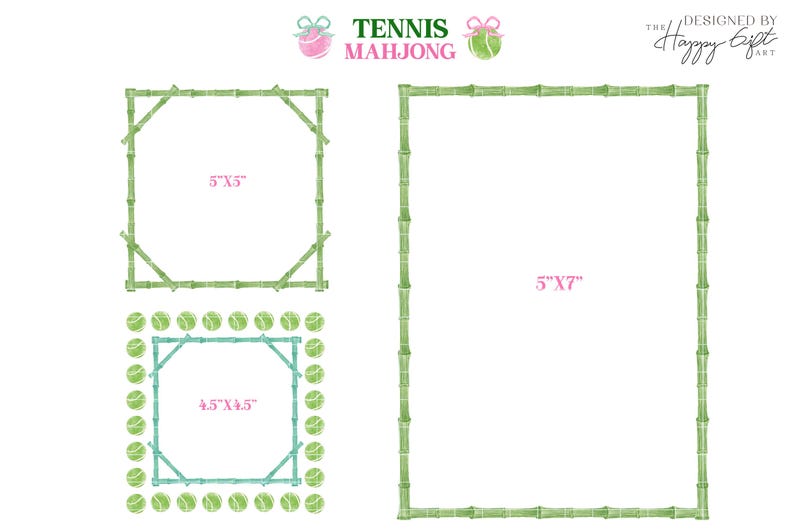 May include: Watercolor illustrations of tennis-themed Mahjong game components. The image includes three frames: a 5"x5" frame, a 4.5"x4.5" frame surrounded by tennis balls, and a 5"x7" frame. The text "TENNIS MAHJONG" is at the top.