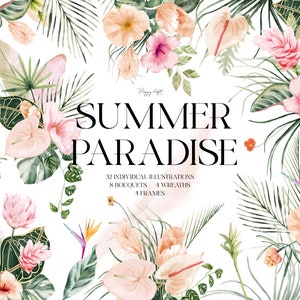 Clipart floral de verano de acuarela, coronas florales de acuarela, marcos florales de acuarela, imágenes prediseñadas de flores tropicales U00176