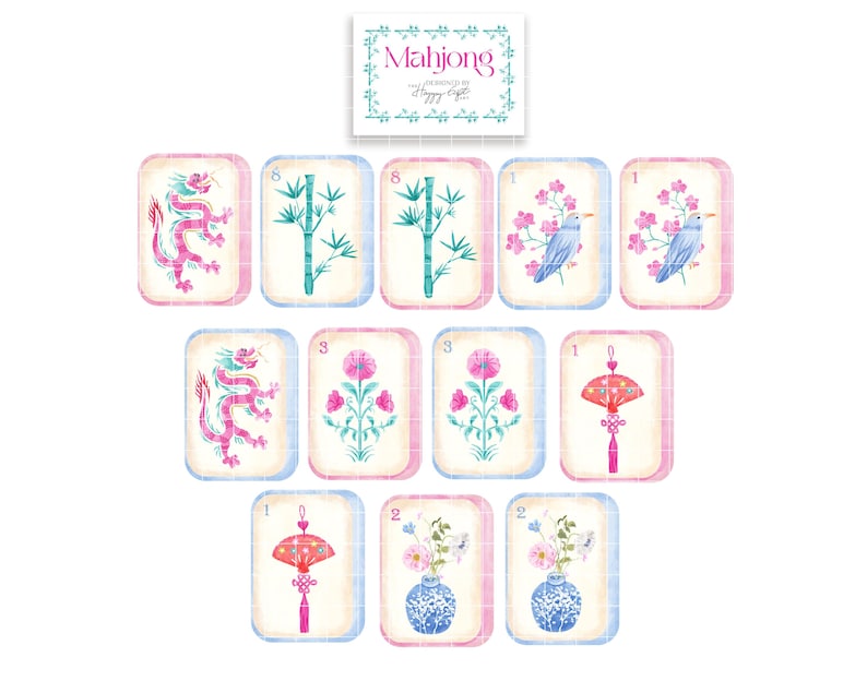 Pu&ograve; includere: Un set di tessere Mahjong con un design ad acquerello. Le tessere presentano illustrazioni di draghi, bamb&ugrave;, uccelli, fiori e vasi. La parte superiore dell'immagine presenta un cartello con la scritta "Mahjong" in un carattere decorativo.