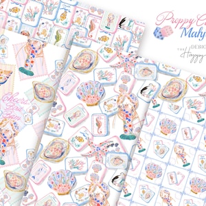 Puede incluir: Una tela blanca con un patr&oacute;n repetitivo de ilustraciones en acuarela que incluyen langostas, conchas marinas, estrellas de mar, caballitos de mar y fichas de mahjong. El texto "Preppy Coastal Mahjong" y "Cheers! Bird Bam" est&aacute; impreso en letra cursiva.